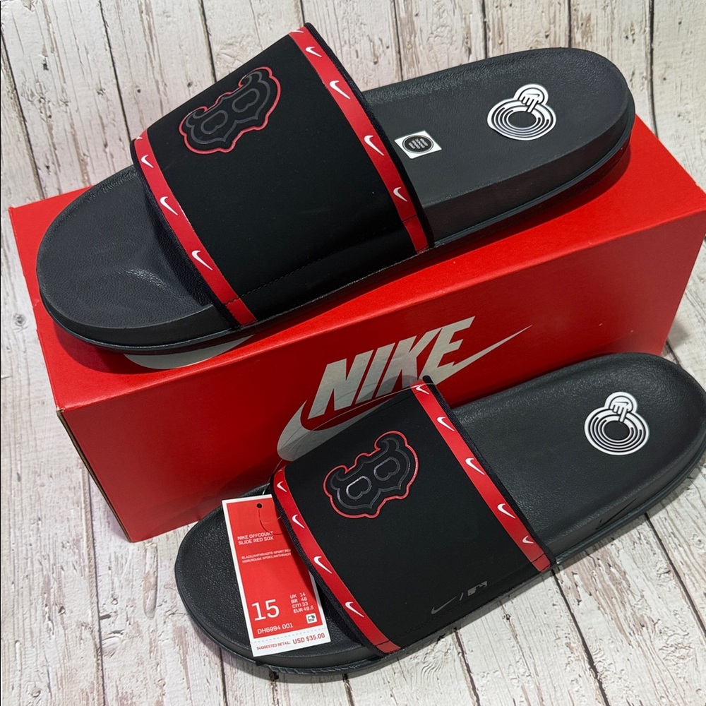 NIB, Nike Black and Red Boston Red Sox Slides, Men’s 15